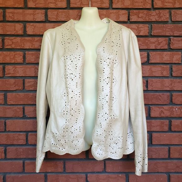 C Concept Laser Cut Leather Jacket Size 14 Vintage Boho Western Tan Beige Gold - Picture 1 of 16